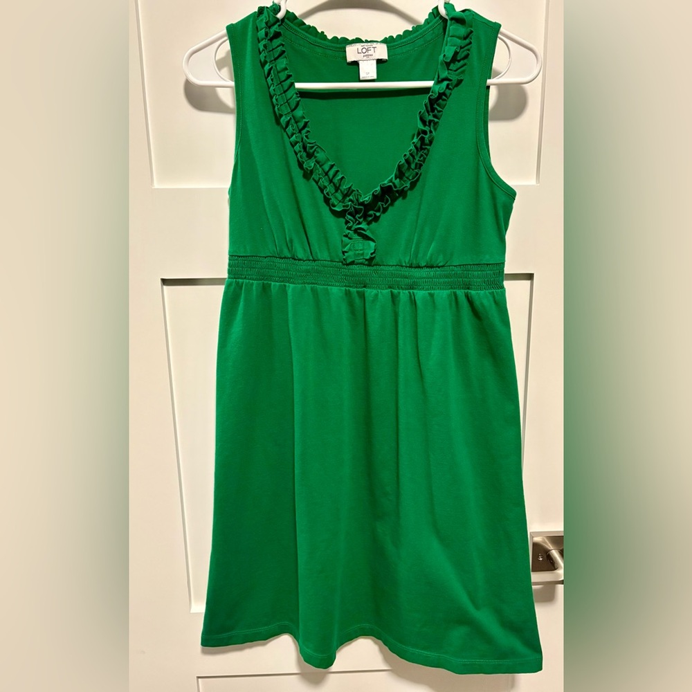Ann Taylor Loft Green Dress Sundress Tank Sleeveless Ruffle Neck